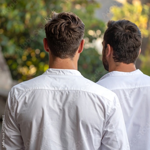 Two men in white shirts