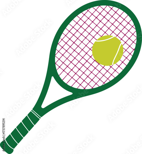 Turquoise tennis racket with yellow ball on white background