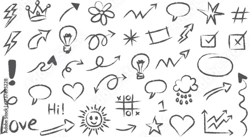 Crayon chalk doodle icon collection in rough sketch style. Hand drawn brush stroke arrows, hearts, stars, crowns, symbols, light bulb, check marks, speech bubbles and sun design shapes. Vector