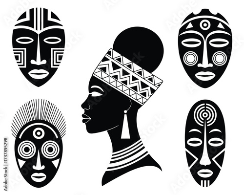 African heritage illustration, artistic black and white vector design representing traditional culture, ancestral identity, historical symbolism, indigenous art style, and timeless ethnic visual.