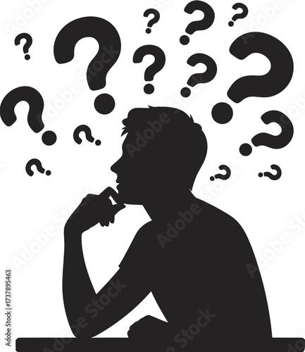Silhouette of a person deep in thought, surrounded by numerous question marks, symbolizing confusion and inquiry