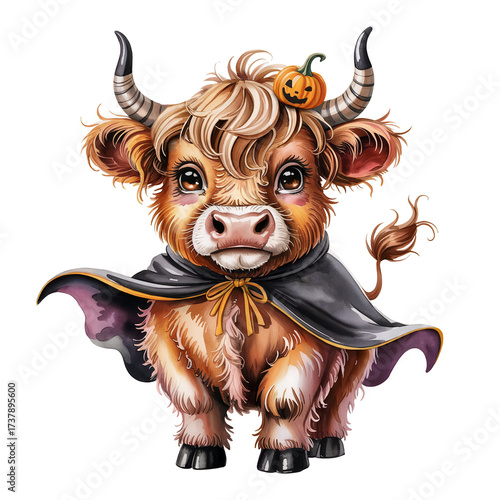 Cute Halloween highland cow in cloak. Hand drawn watercolor illustration.