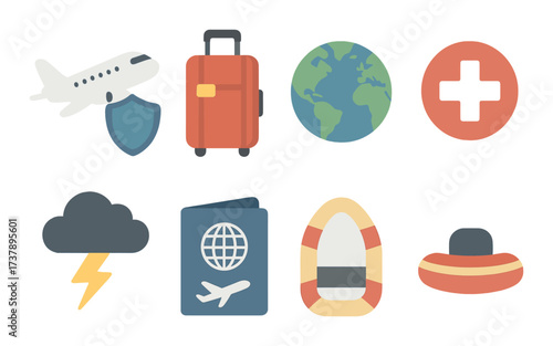 Travel and safety icons: airplane, luggage, globe, healthcare, weather, passport, lifebuoy