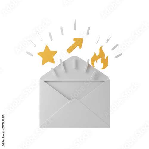 Email marketing with star, arrow up and fire symbols popping from the envelope isolated PNG with Transparent Background