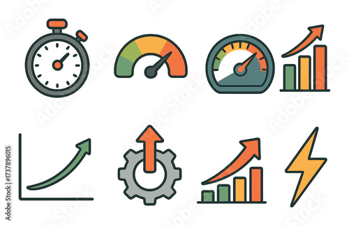 Set of colorful speed, performance, and growth icons on blurred background