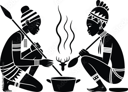 Cultural Ritual, African Tribes, Traditional Cooking, Black and White Art