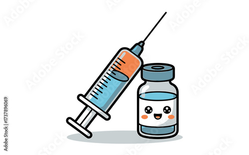 Cartoon illustration of syringe with vaccine and vial ready for vaccination and health support against diseases and viruses