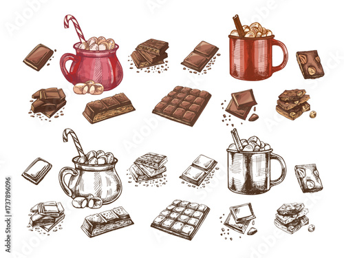 Hand drawn vintage sketch of hot cocoa mugs with marshmallows and assorted chocolate bars set in color and monochrome