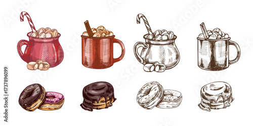 Hand drawn vintage sketch of hot cocoa mugs with marshmallows and assorted donuts set in color and monochrome