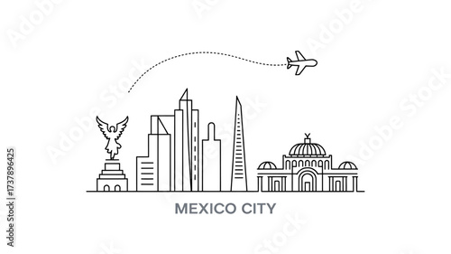 Mexico City Skyline Line Art Minimalist Illustration with Airplane Arrival Tourist Destination and Famous Landmarks