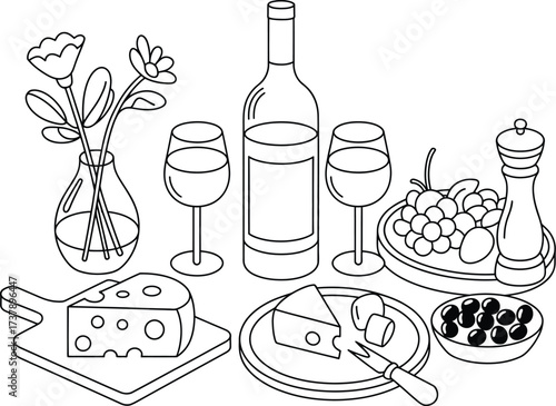 Elegant Wine and Cheese Spread, Home Gathering, Black and White Drawing