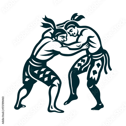 Naga Wrestling Silhouette, Traditional Sport Illustration Naga Wrestling NE India Two fighters gripping loincloths mid throw