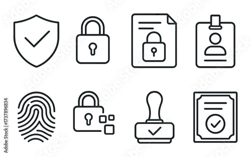 Security and authentication icons: shield, lock, document, id, fingerprint, stamp, certificate