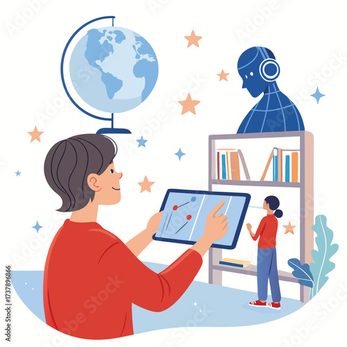 Vector art of a boy is using a tablet with a globe and a robot in the background