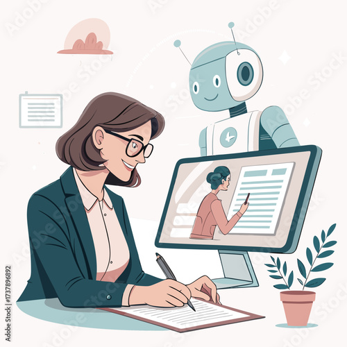 Illustration of a woman and robot working together on a computer, representing the integration of ai in business and the future workplace