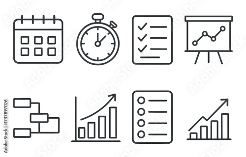 Business planning and analytics icons on metallic background