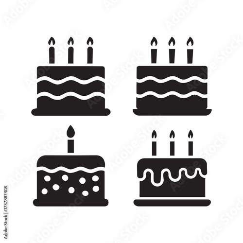 Set of four stylized birthday cakes with candles a festive celebration of sweetness and joyful occasions silhouette