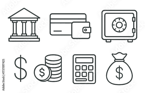 Financial icons set featuring bank, credit card, safe, coins, calculator, and money bag