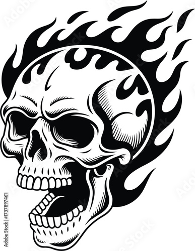Skull with Flames Graphic A Vintage Black and White Illustration