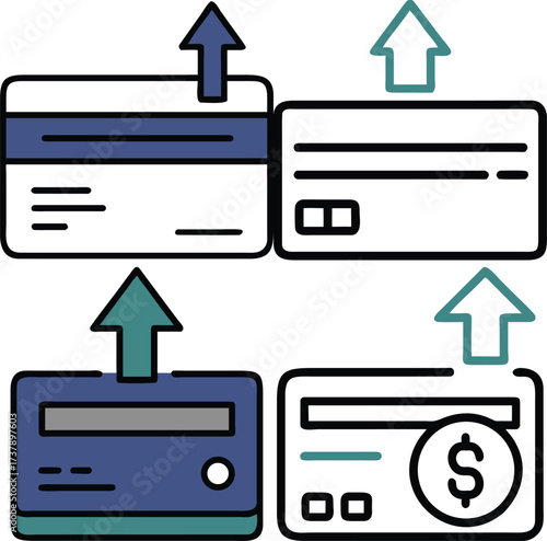 Payment cards with upward arrows, symbolizing financial transactions and digital payments. Depicting different types of credit and debit cards and symbolizing digital finance.