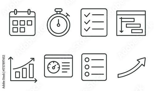 Project management icons: calendar, stopwatch, checklist, gantt chart, graph, dashboard, list, arrow