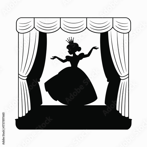 Black silhouette of a princess in a crown and gown, performing on a theater stage. This vector graphic with drapes captures regal performance and fairy tale storytelling