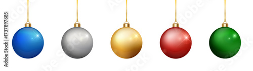 Colorful Christmas balls set. Festive baubles holiday tree decoration isolated vector design. PNG