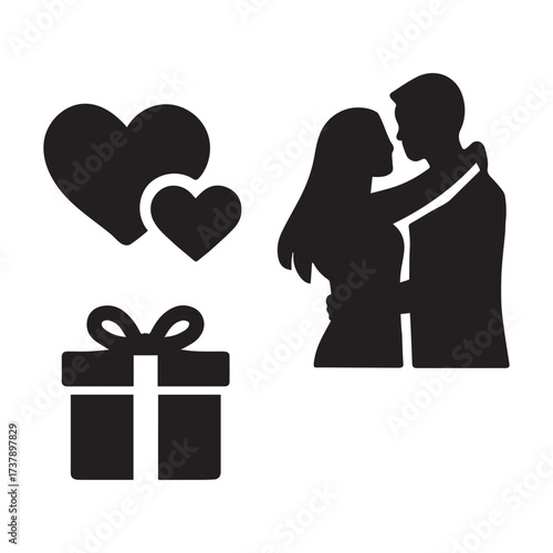 Romantic couple silhouette embrace hearts gift box symbolizing love celebration romance togetherness and affectionate moments silhouette