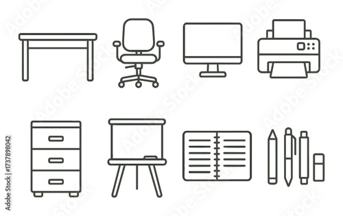 Set of minimalistic office icons including desk, chair, computer, printer, and stationery
