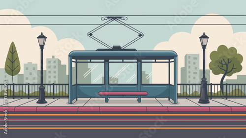 A cartoon illustration of a tram stop with a bench and street lamps in an urban environment setting