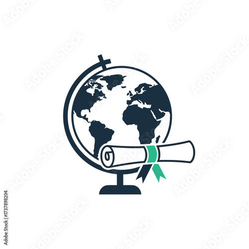 Conceptual illustration of global education and academic achievement, featuring a world globe alongside a rolled diploma, symbolizing international learning and worldwide success