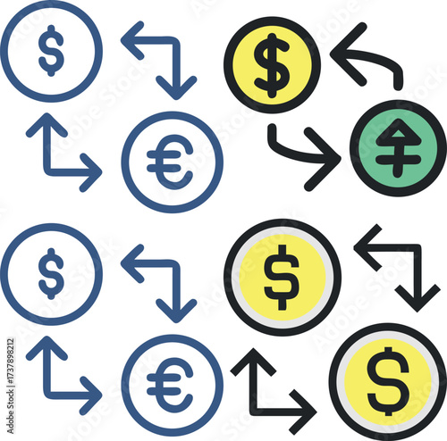 Financial currency exchange illustration with multiple dollar symbols and euro symbols with upward arrow 