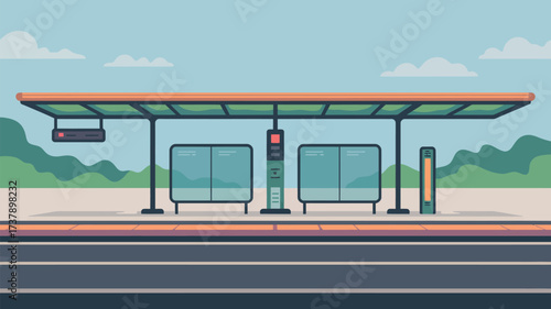 A cartoon bus stop with benches and a shelter against a background of hills and a light blue sky