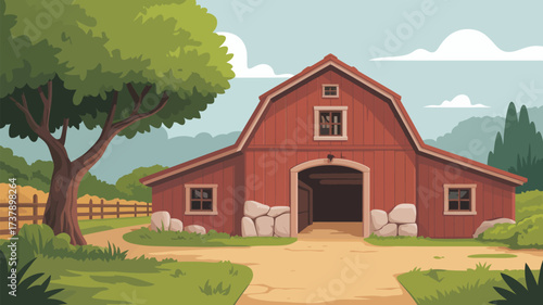 A cartoon illustration of a red barn with a tree and a fence in a rural landscape scene outdoors view