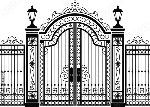 Intricate Vintage Style Wrought Iron Entrance Gate with Lamp Posts