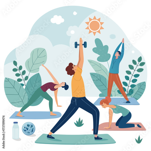 Vector art of group of people doing yoga exercises outdoor with mountain view, sun, trees, plants, dumbbells, water bottle and mat on isolated background
