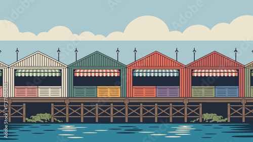 Illustration of colorful market stalls on a pier with water and sky in the background and street lamps