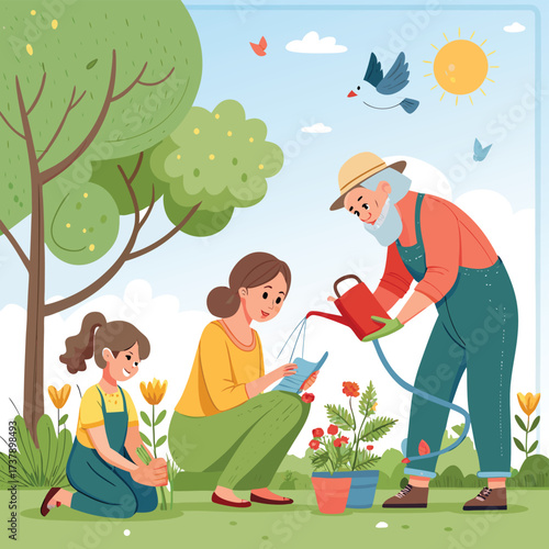 Vector art of family gardening together in the garden, planting flowers and enjoying nature with a happy child, woman, and grandparent