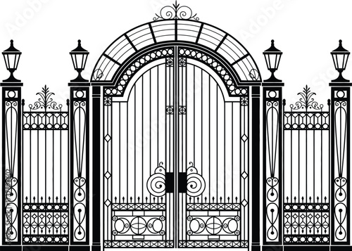 Ornate Detailed Black and White Architectural Wrought Iron Gate Design