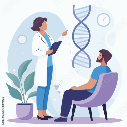 Vector art of doctor explaining dna structure to patient, genetic consultation and medical examination concept