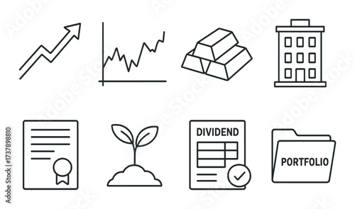 Financial growth and investment icons set including stocks, certificates, and portfolios