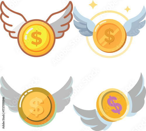 An illustration of several coins with wings, each one displaying a dollar sign, suggesting financial success or the concept of money flying away