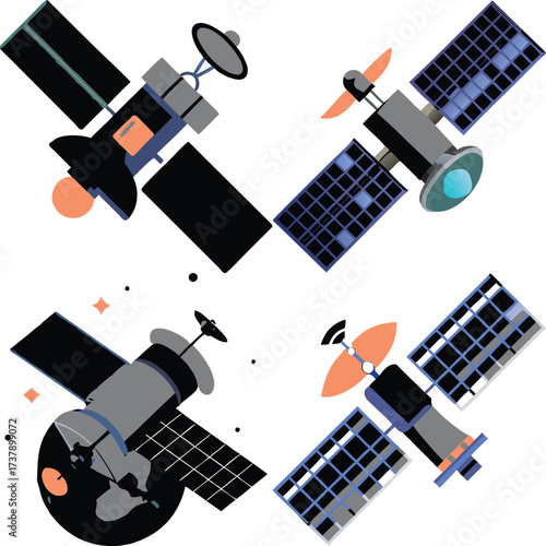 A collection of four satellite illustrations, showcasing various designs and components. The illustrations depict different types of satellites.