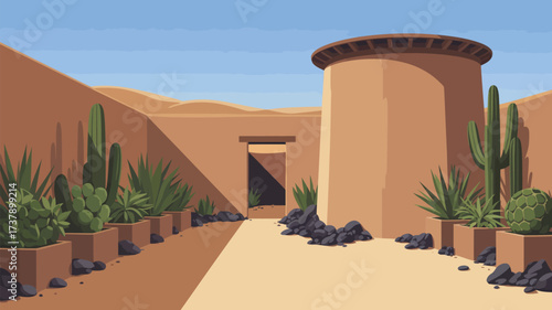 Illustration of a desert landscape with a building cacti and rocks under a clear blue sky in daytime
