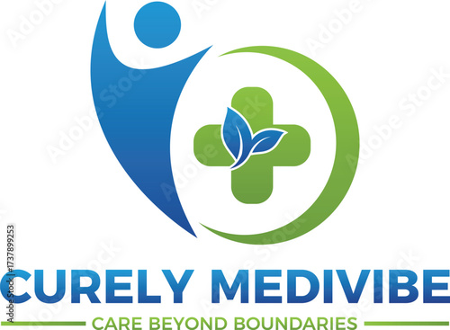 plifted Human Figure with Herbal Medical Cross Logo Boundaryless Care and Natural Health Symbol