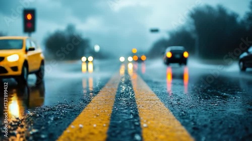 A wet road with a yellow centerline for safe driving