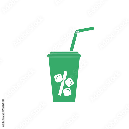 Discount beverage icon with a green soda cup, ice, and a percentage symbol for promotions and special offers on cold drinks