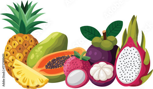 Vibrant Digital Illustration of Exotic Tropical Fruits Collection for Healthy Lifestyle