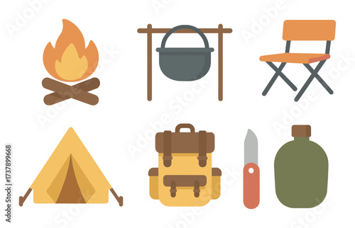 Campfire essentials: tent, backpack, knife, chair, pot, bottle icons with glowing effect