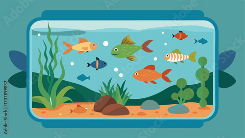 A mini aquarium displaying different types of fish found in the nearby rivers and ponds.